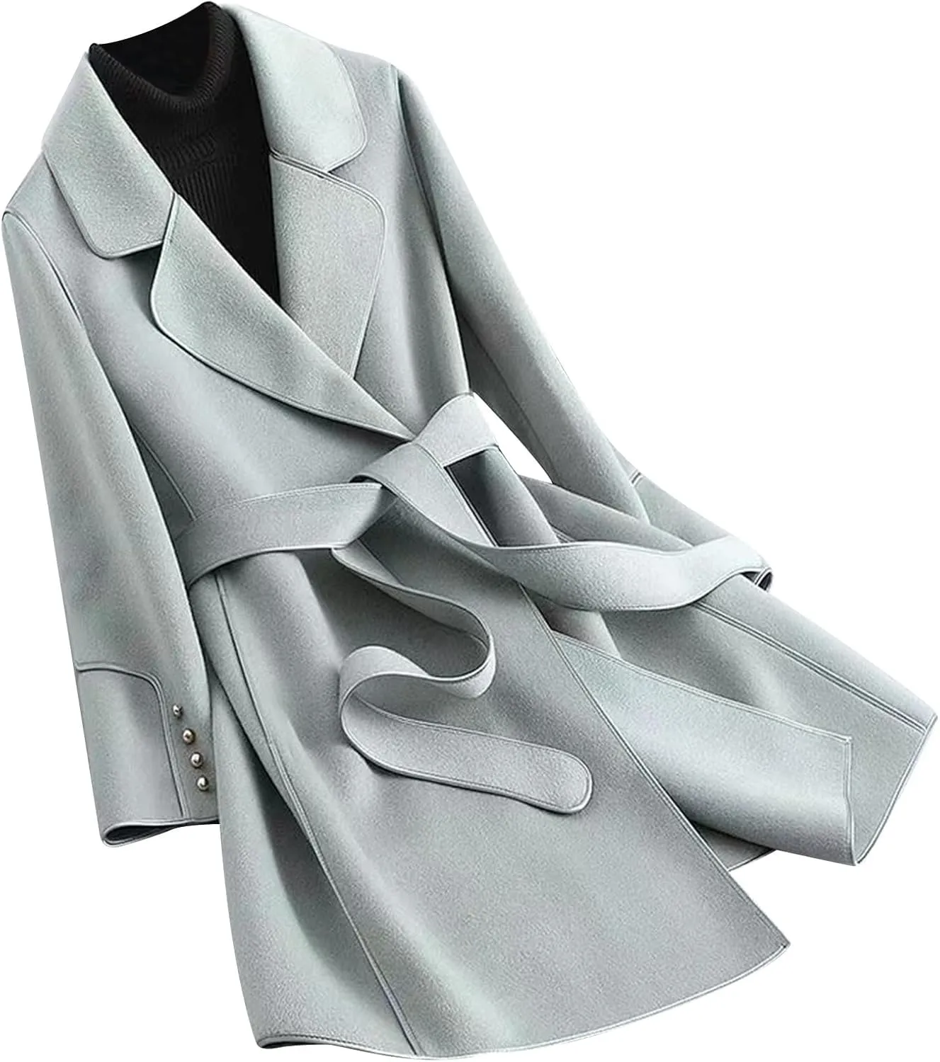 Trench Coat Women Winter Elegant Open Front Pea Coat Notch Lapel Belted Coats Causal Long Sleeve Peacoat