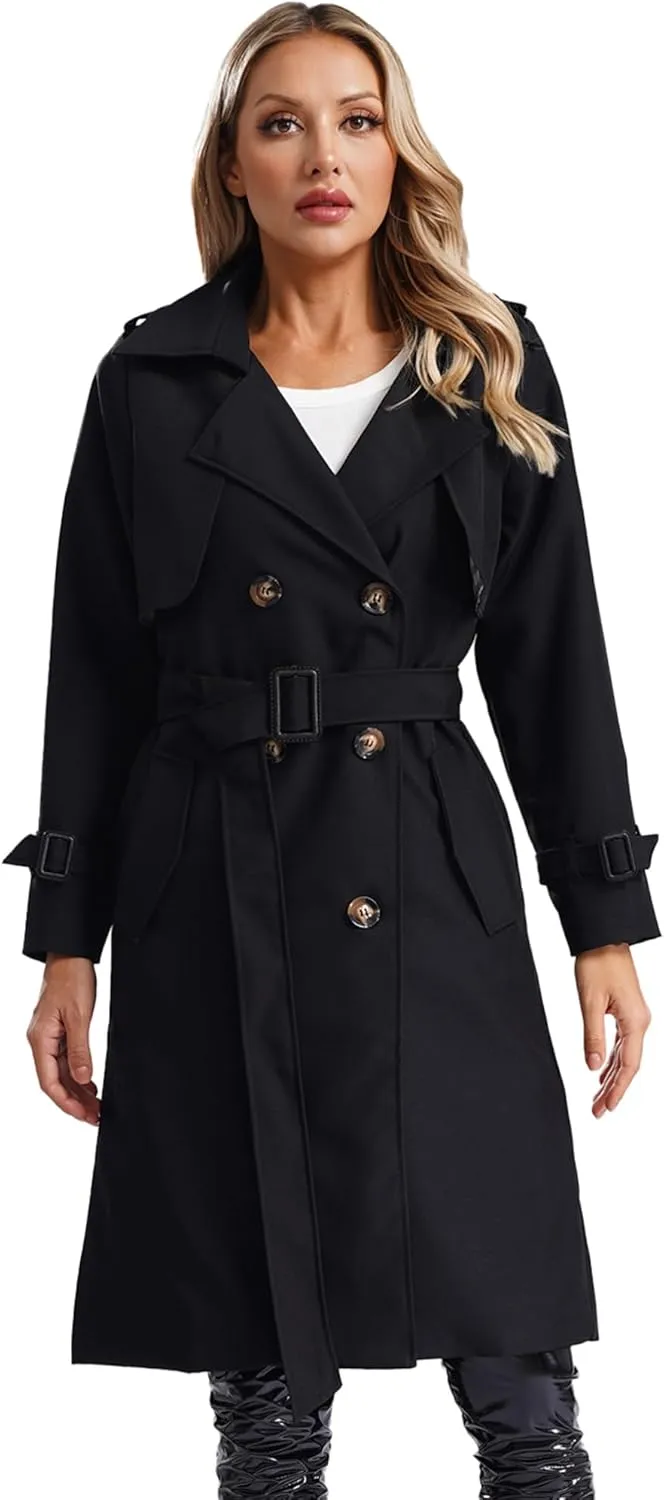 Trench Coats for Women Double Breasted Mid-Length Belted Overcoat Long Dress Jacket Coat with Belt