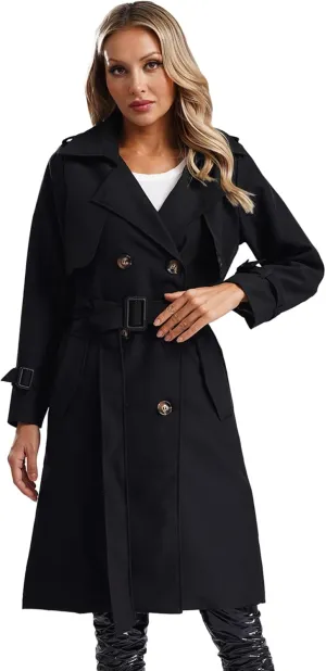 Trench Coats for Women Double Breasted Mid-Length Belted Overcoat Long Dress Jacket Coat with Belt