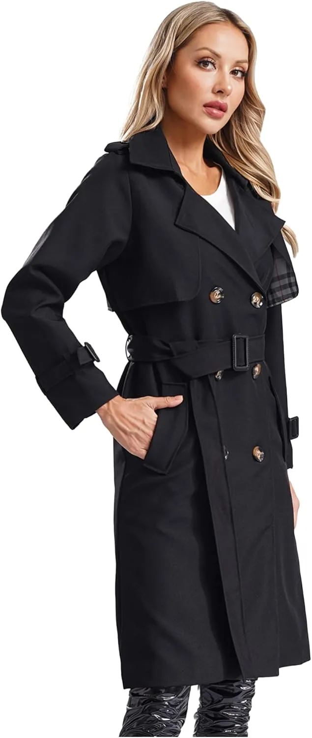 Trench Coats for Women Double Breasted Mid-Length Belted Overcoat Long Dress Jacket Coat with Belt