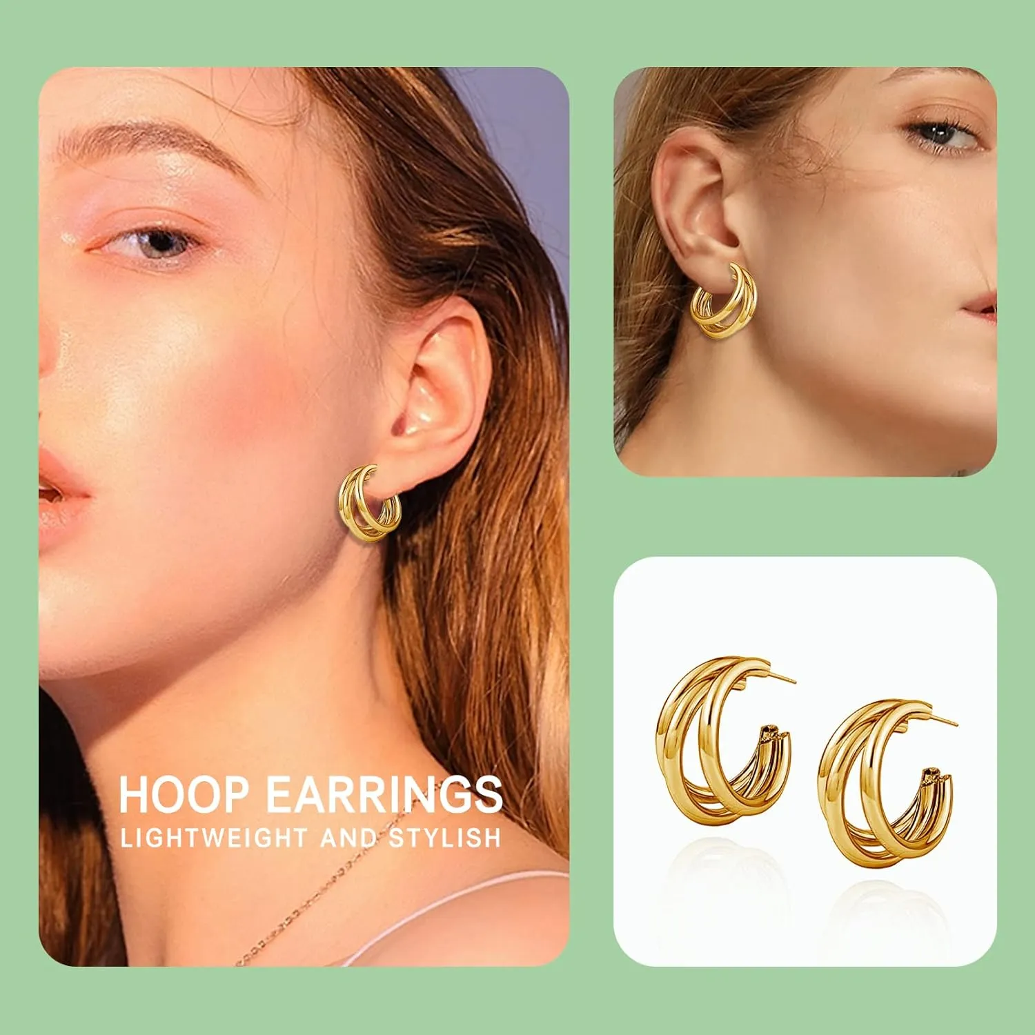 Triple Hoop Earrings, Chunky Gold Hoop Earrings, 14K Gold Plated Earrings for Women, Hypoallergenic Earrings, Dainty Jewelry Gifts for Women