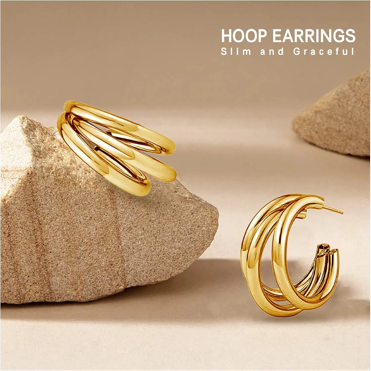 Triple Hoop Earrings, Chunky Gold Hoop Earrings, 14K Gold Plated Earrings for Women, Hypoallergenic Earrings, Dainty Jewelry Gifts for Women
