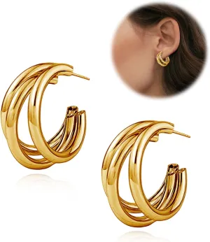 Triple Hoop Earrings, Chunky Gold Hoop Earrings, 14K Gold Plated Earrings for Women, Hypoallergenic Earrings, Dainty Jewelry Gifts for Women