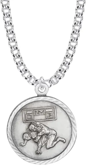 True Faith Jewelry 15/16 Inch Round Nickel Silver Wrestling Medal St Christopher Protect Me Pendant Necklace, Sports Religious Jewelry Gift, Antique Finish, 20 Inch Chain