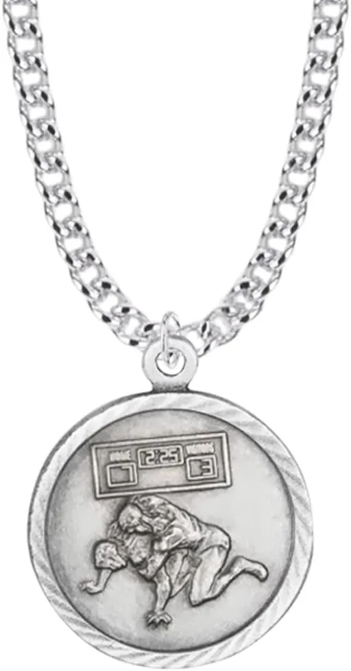 True Faith Jewelry 15/16 Inch Round Nickel Silver Wrestling Medal St Christopher Protect Me Pendant Necklace, Sports Religious Jewelry Gift, Antique Finish, 20 Inch Chain