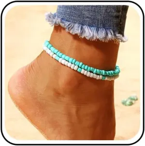 Turquoise Ankle Bracelets Layered Beaded Chain Ankle Summer Beach Turquoise Foot Anklet Chain Handmade Blue White Beads Foot Chain Jewelry for Women