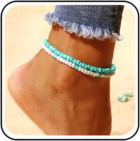 Turquoise Ankle Bracelets Layered Beaded Chain Ankle Summer Beach Turquoise Foot Anklet Chain Handmade Blue White Beads Foot Chain Jewelry for Women
