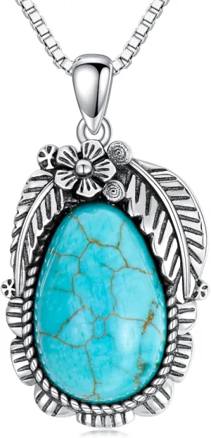 Turquoise Pendant Necklace, 925 Sterling Silver Boho Genuine Gemstones Western Turquoise Jewelry for Women