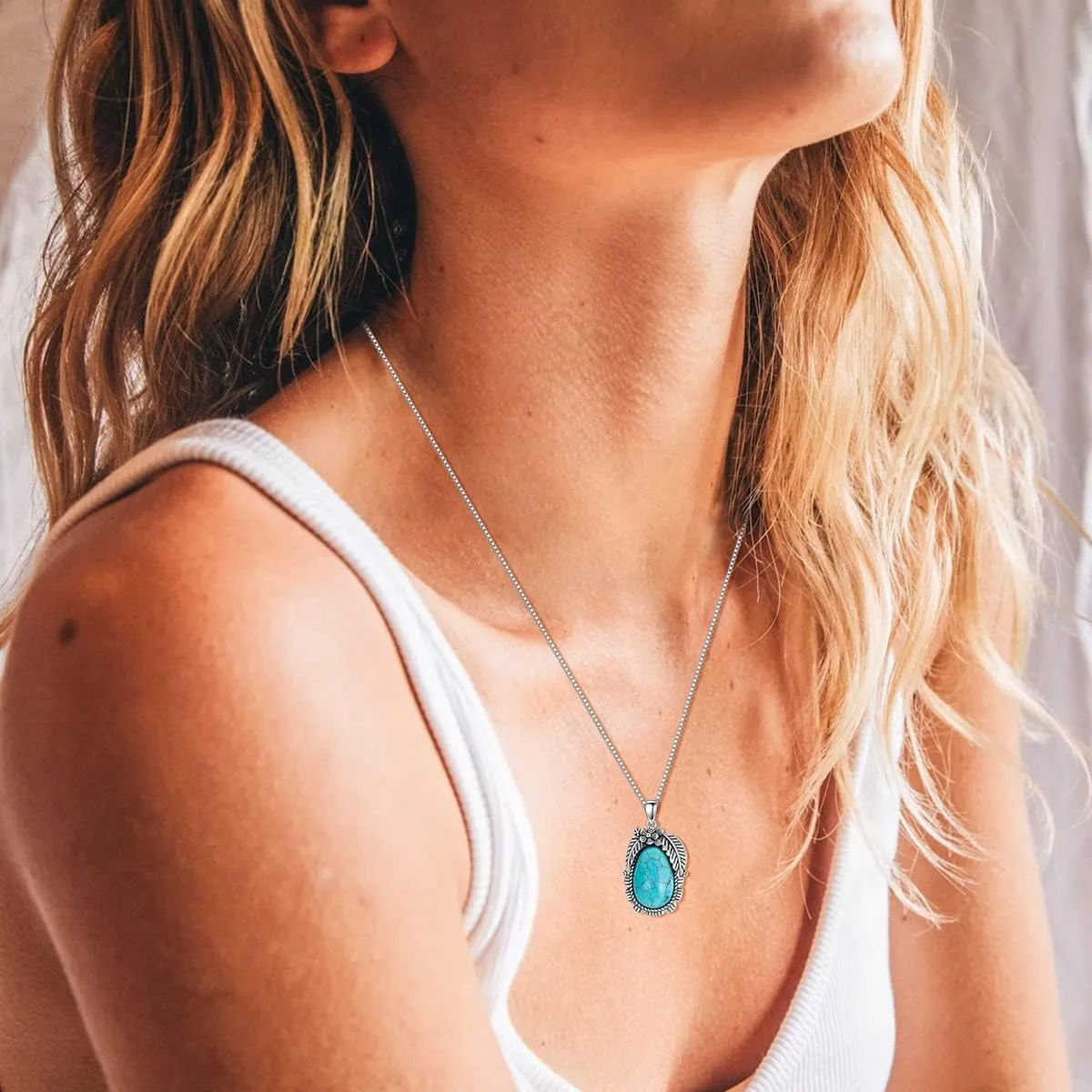 Turquoise Pendant Necklace, 925 Sterling Silver Boho Genuine Gemstones Western Turquoise Jewelry for Women