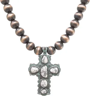 Turquoise Stone Western Cross Pendant Native Pearls Necklace 18 Inch