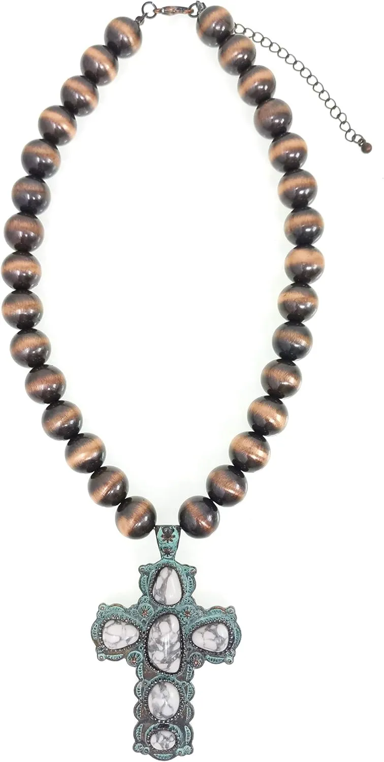 Turquoise Stone Western Cross Pendant Native Pearls Necklace 18 Inch