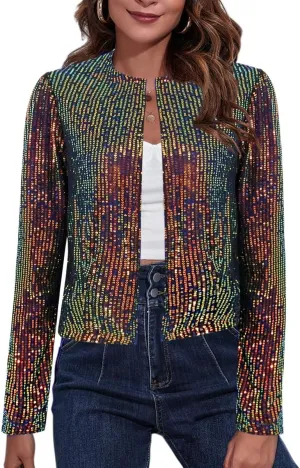 TYNORA Womens Sequin Jackets Long Sleeve Open Front Coat Glitter Short Blazer Casual Coat Party Club