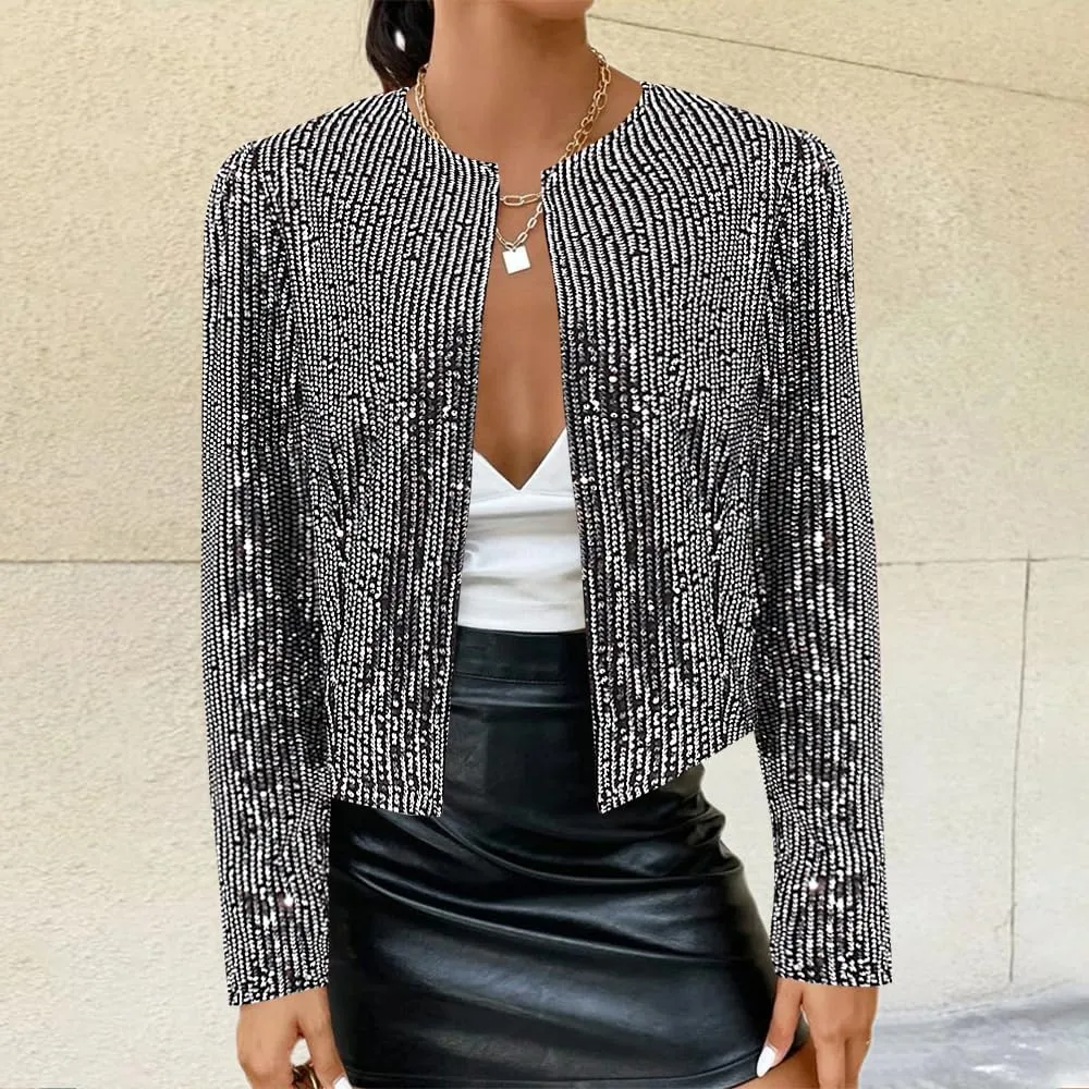 TYNORA Womens Sequin Jackets Long Sleeve Open Front Coat Glitter Short Blazer Casual Coat Party Club