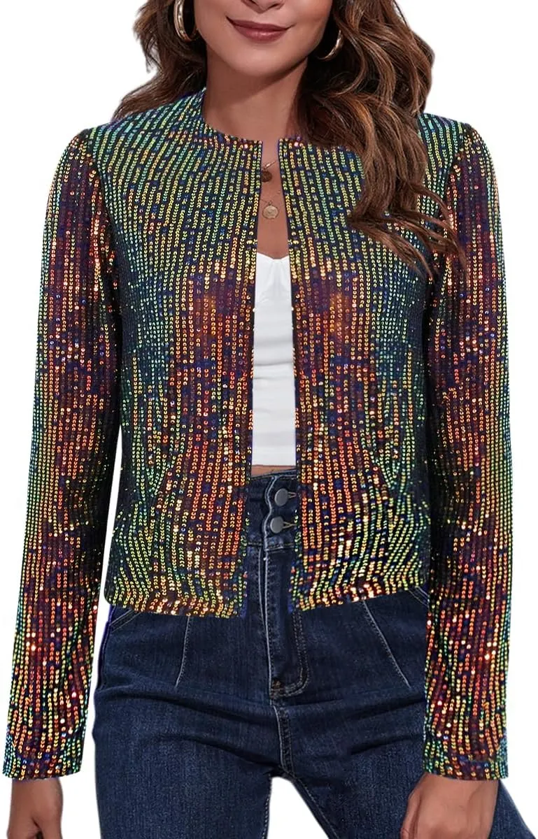 TYNORA Womens Sequin Jackets Long Sleeve Open Front Coat Glitter Short Blazer Casual Coat Party Club