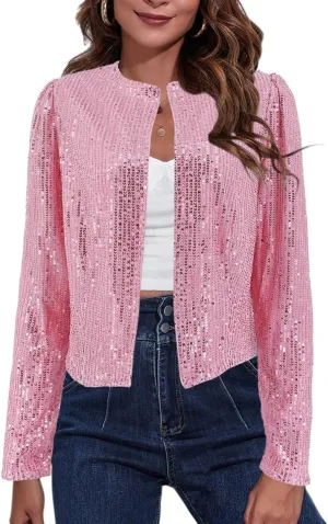 TYNORA Womens Sequin Jackets Long Sleeve Open Front Coat Glitter Short Blazer Casual Coat Party Club
