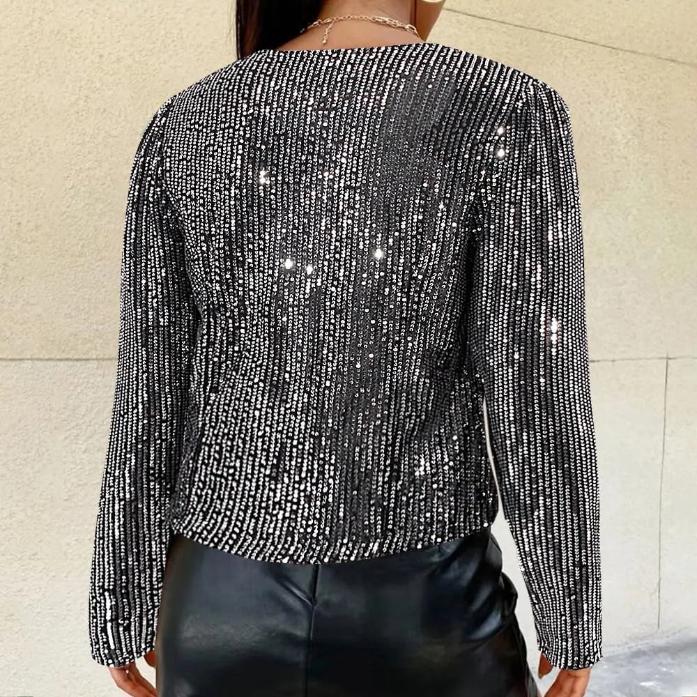 TYNORA Womens Sequin Jackets Long Sleeve Open Front Coat Glitter Short Blazer Casual Coat Party Club