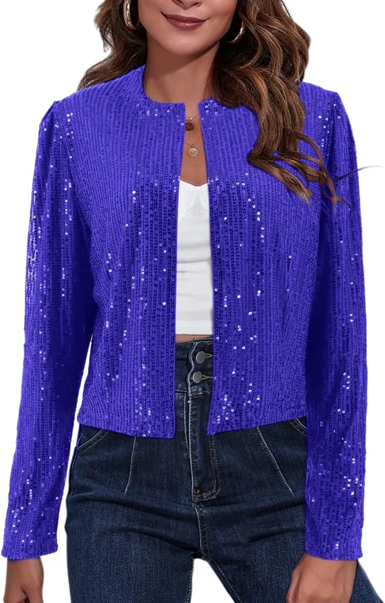 TYNORA Womens Sequin Jackets Long Sleeve Open Front Coat Glitter Short Blazer Casual Coat Party Club