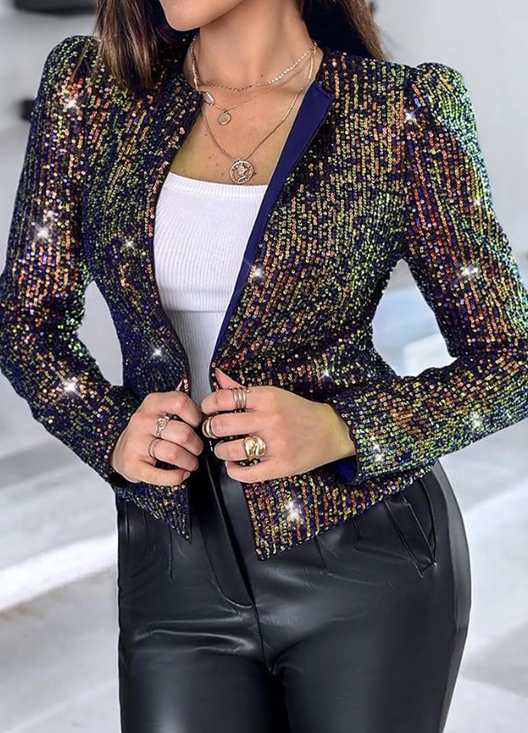 TYNORA Womens Sequin Jackets Long Sleeve Open Front Coat Glitter Short Blazer Casual Coat Party Club