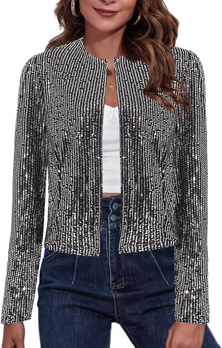 TYNORA Womens Sequin Jackets Long Sleeve Open Front Coat Glitter Short Blazer Casual Coat Party Club
