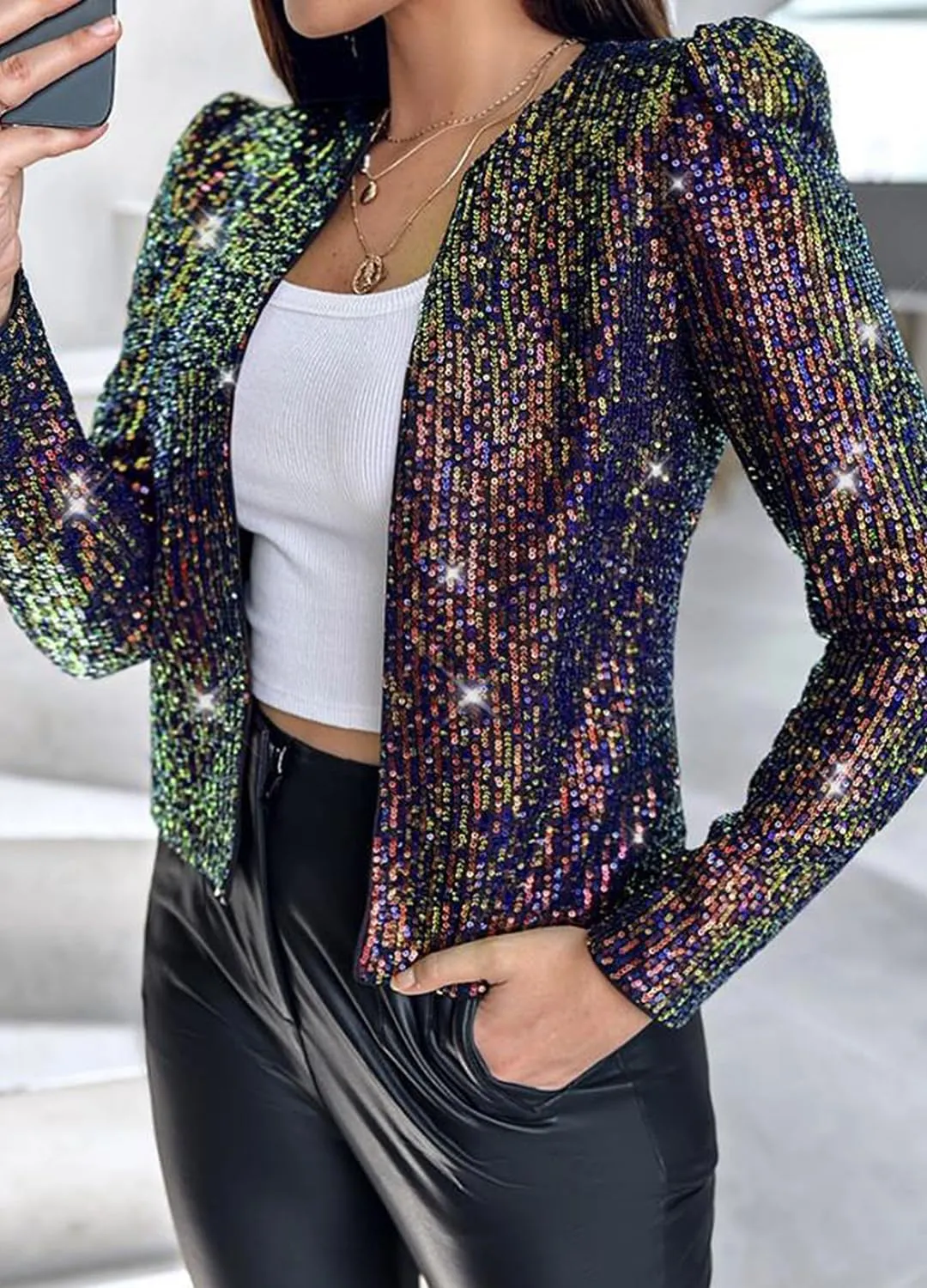 TYNORA Womens Sequin Jackets Long Sleeve Open Front Coat Glitter Short Blazer Casual Coat Party Club