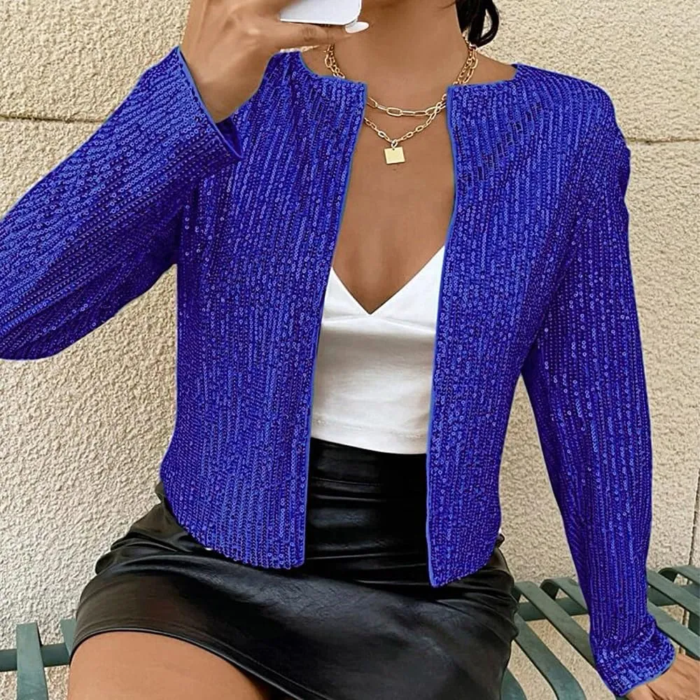 TYNORA Womens Sequin Jackets Long Sleeve Open Front Coat Glitter Short Blazer Casual Coat Party Club