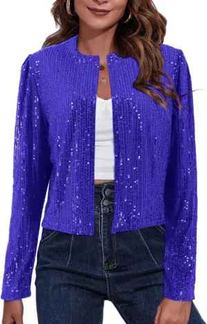 TYNORA Womens Sequin Jackets Long Sleeve Open Front Coat Glitter Short Blazer Casual Coat Party Club