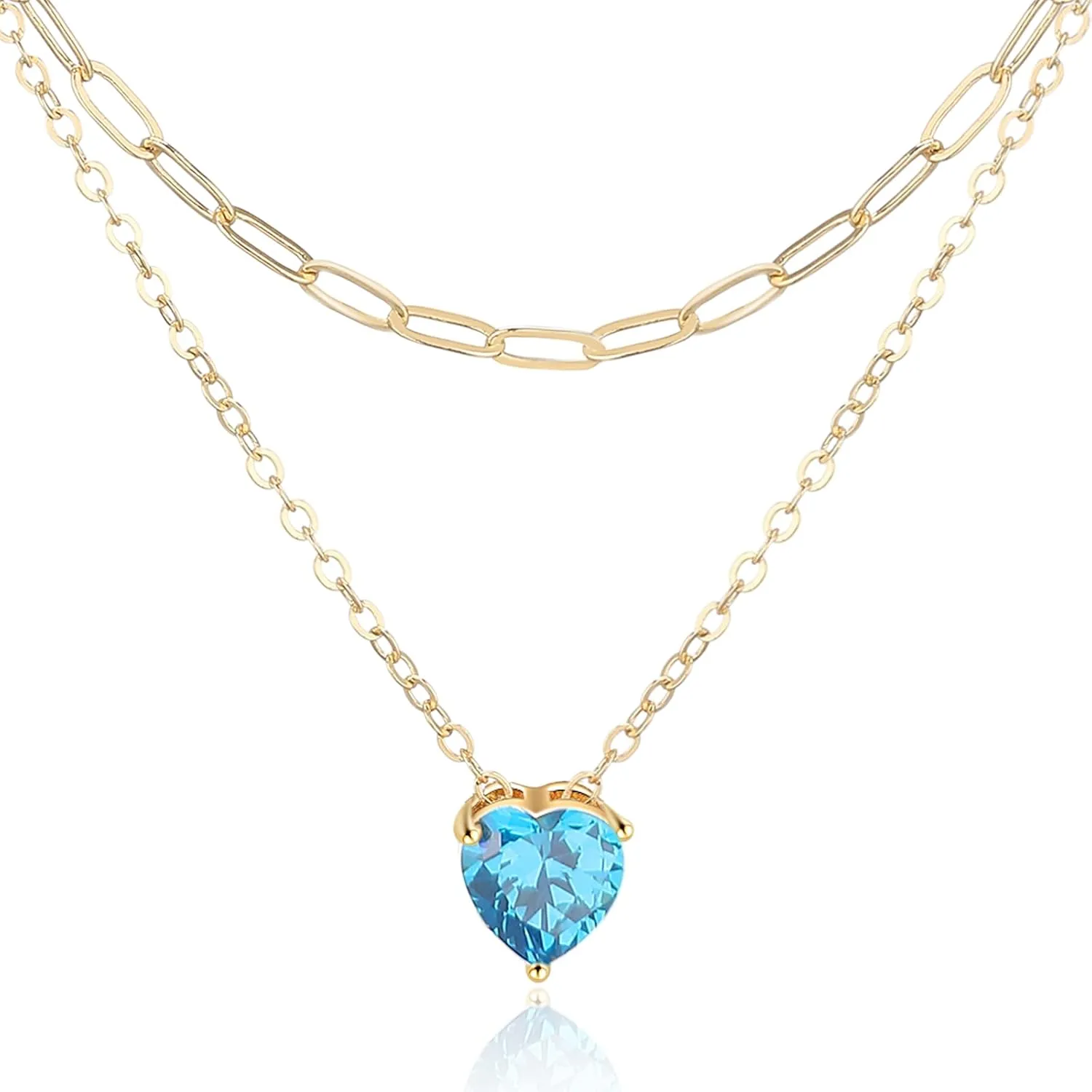 UILZ 14K Gold Plated Layered Birthstone Necklace Dainty Heart Birthstone Necklace Paperclip Chain Choker Necklace with Heart Pendant Birthstone Jewelry Gift for Women Teen Girl