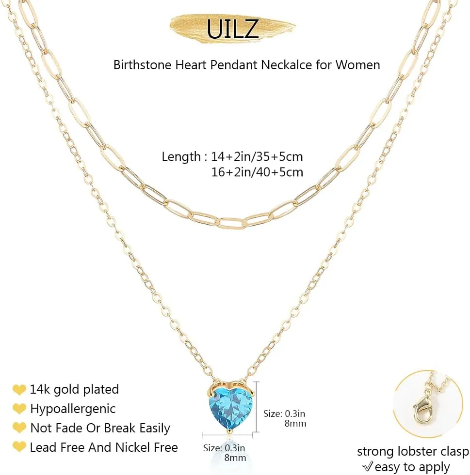 UILZ 14K Gold Plated Layered Birthstone Necklace Dainty Heart Birthstone Necklace Paperclip Chain Choker Necklace with Heart Pendant Birthstone Jewelry Gift for Women Teen Girl