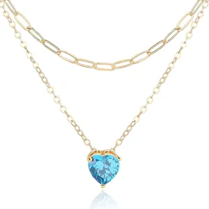 UILZ 14K Gold Plated Layered Birthstone Necklace Dainty Heart Birthstone Necklace Paperclip Chain Choker Necklace with Heart Pendant Birthstone Jewelry Gift for Women Teen Girl