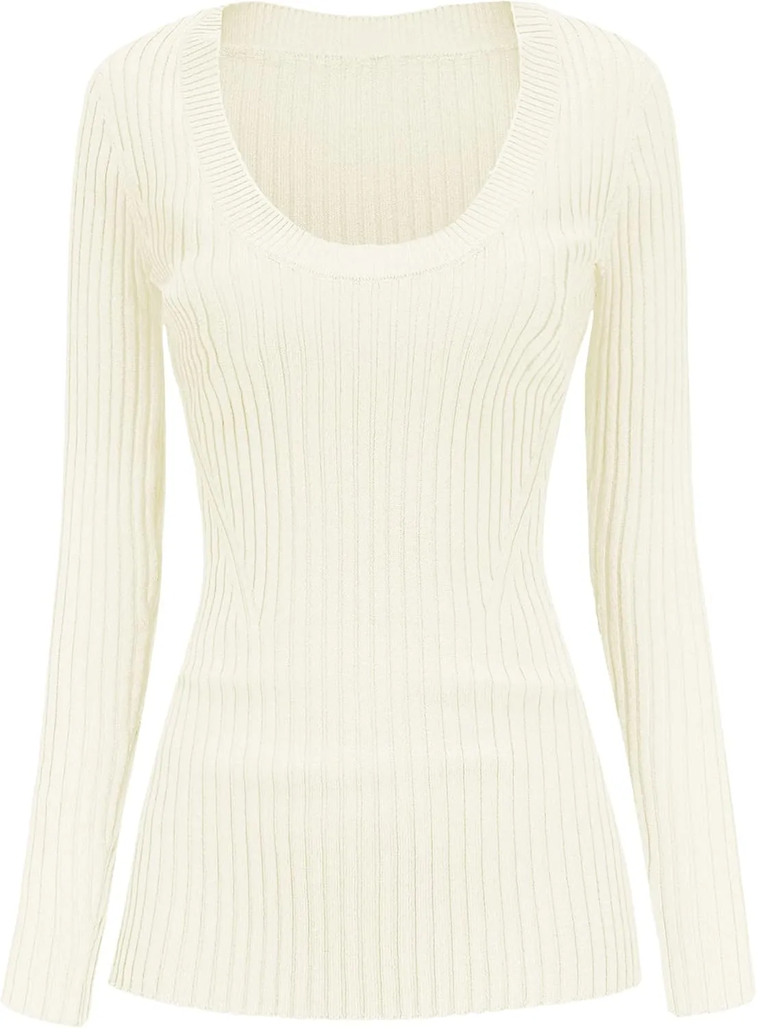v28 Women Scoop Neck U-Neck Knit Long Sleeve Slim Fit Ribbed Sweater Tops