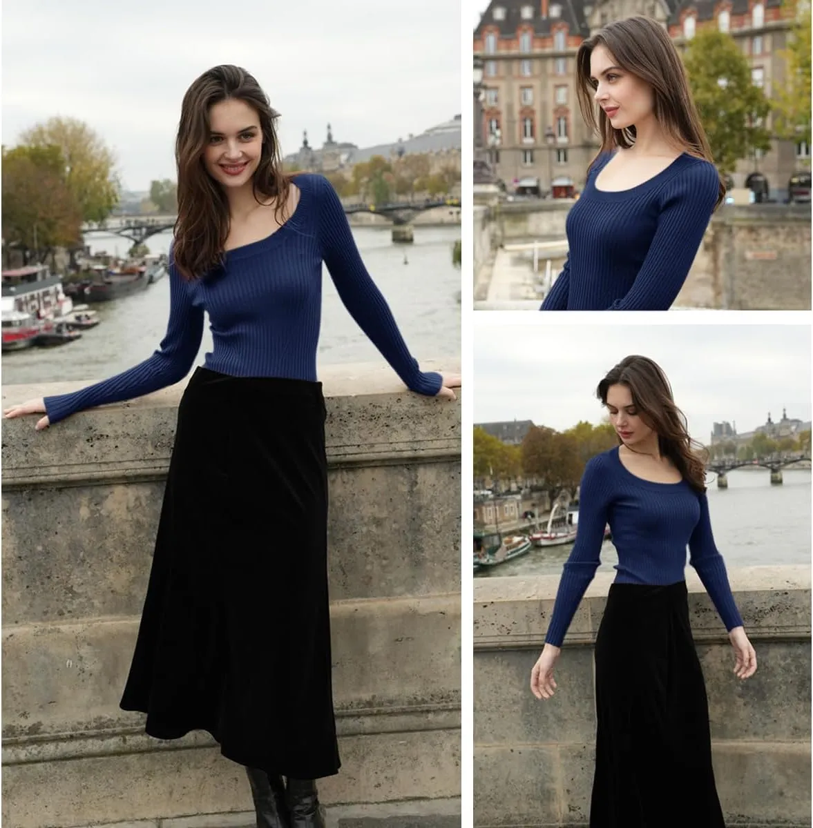 v28 Women Scoop Neck U-Neck Knit Long Sleeve Slim Fit Ribbed Sweater Tops