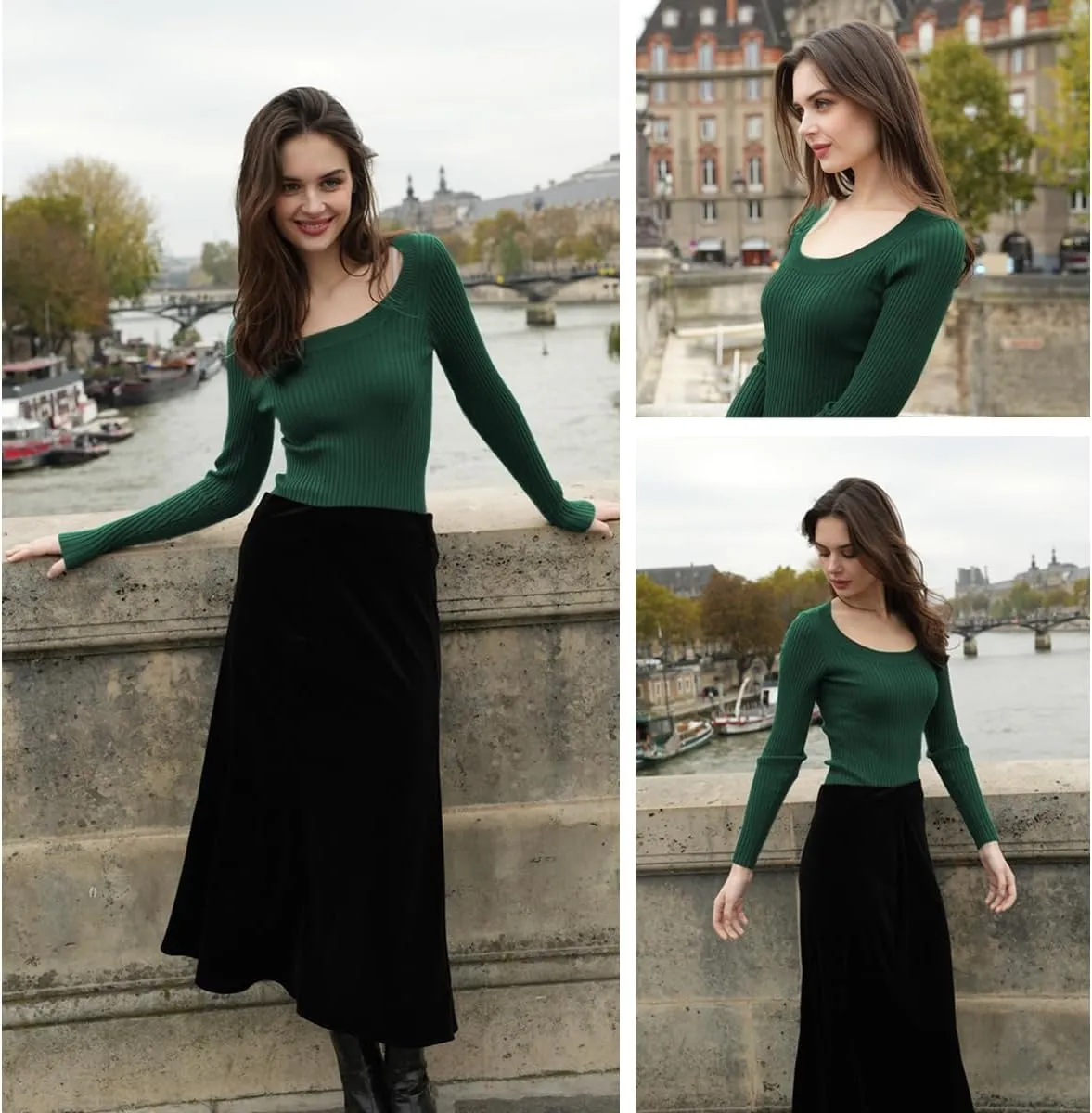 v28 Women Scoop Neck U-Neck Knit Long Sleeve Slim Fit Ribbed Sweater Tops