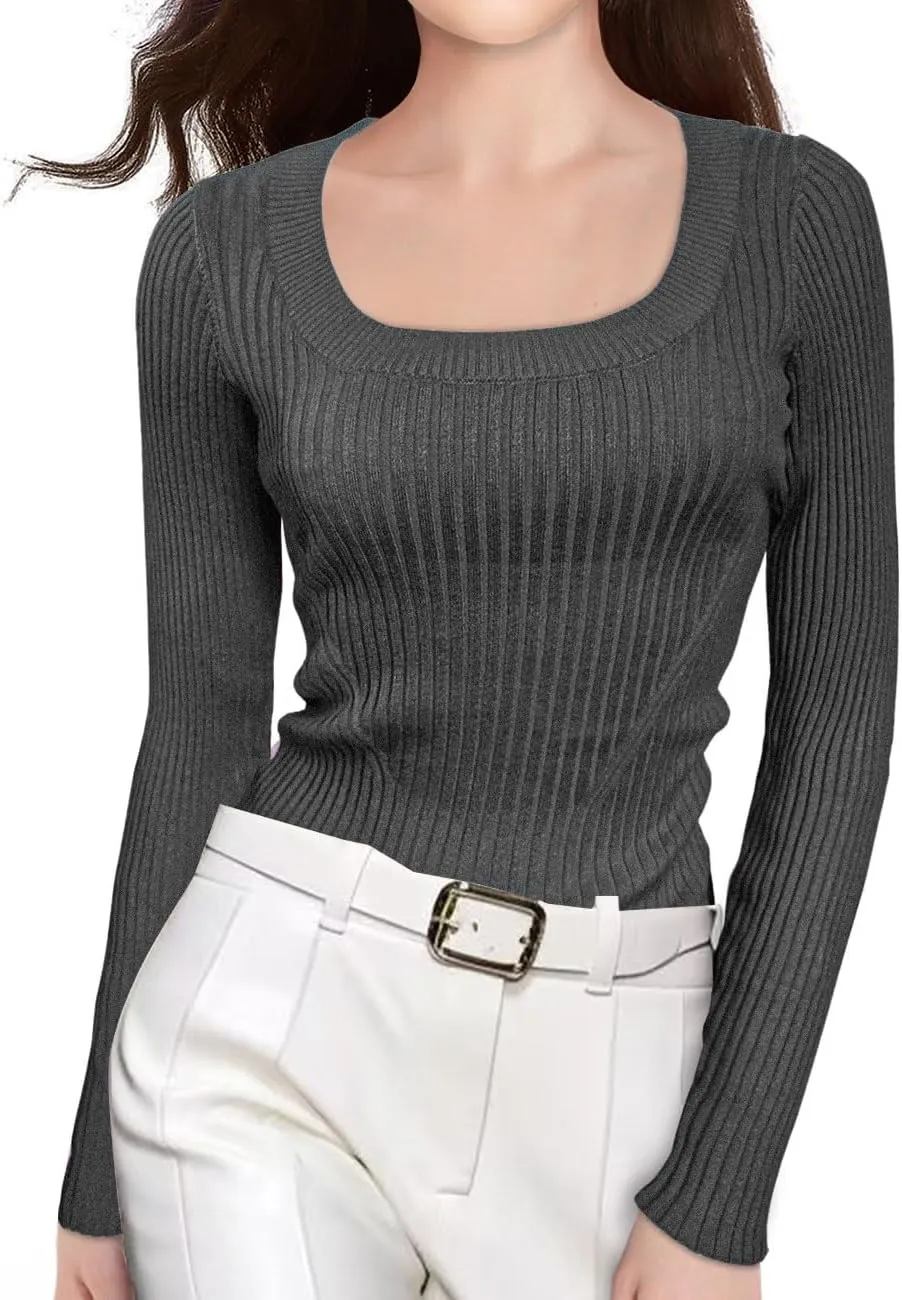 v28 Women Scoop Neck U-Neck Knit Long Sleeve Slim Fit Ribbed Sweater Tops