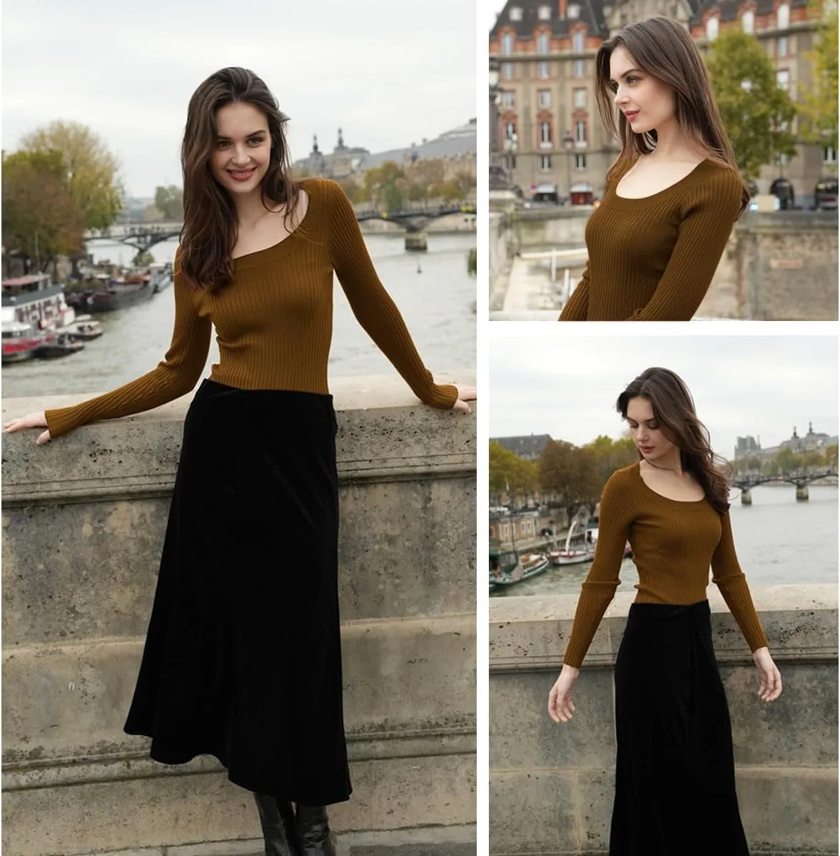 v28 Women Scoop Neck U-Neck Knit Long Sleeve Slim Fit Ribbed Sweater Tops