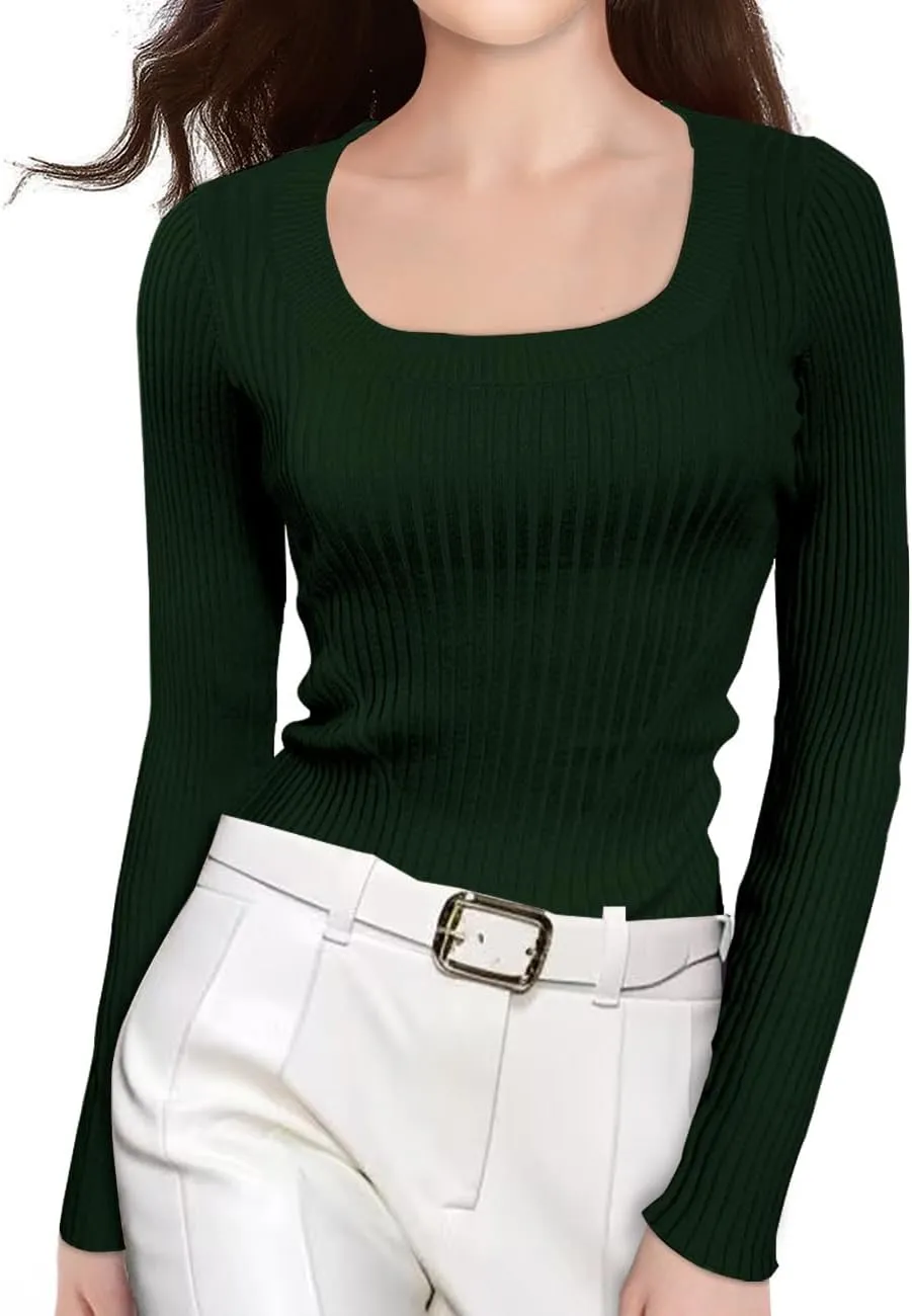 v28 Women Scoop Neck U-Neck Knit Long Sleeve Slim Fit Ribbed Sweater Tops