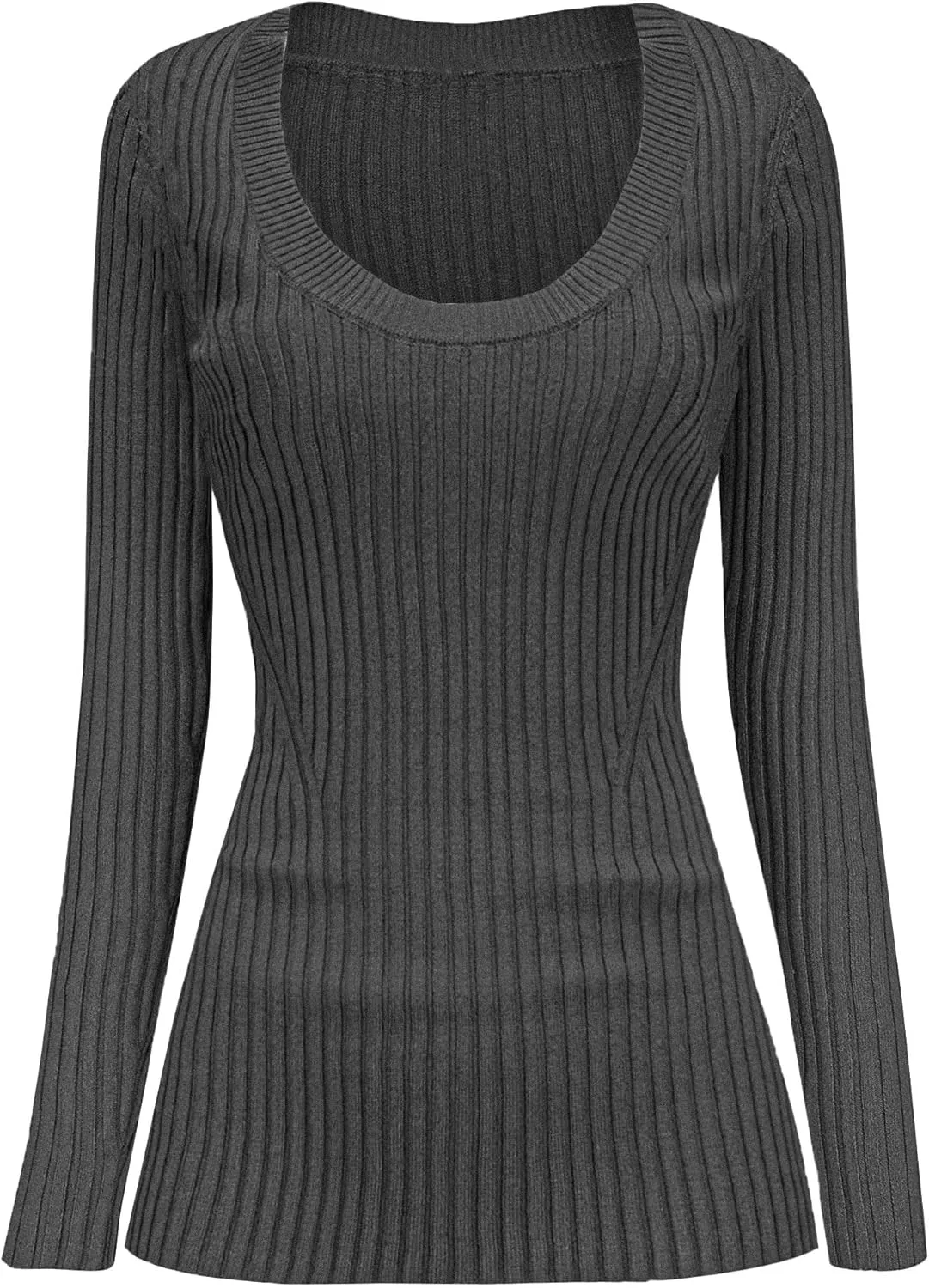 v28 Women Scoop Neck U-Neck Knit Long Sleeve Slim Fit Ribbed Sweater Tops