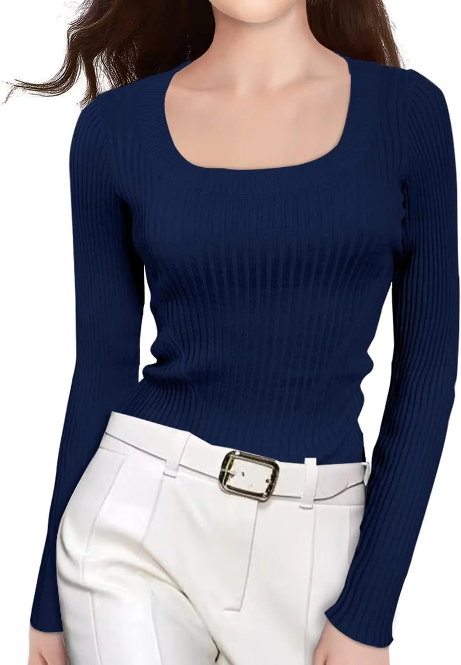 v28 Women Scoop Neck U-Neck Knit Long Sleeve Slim Fit Ribbed Sweater Tops