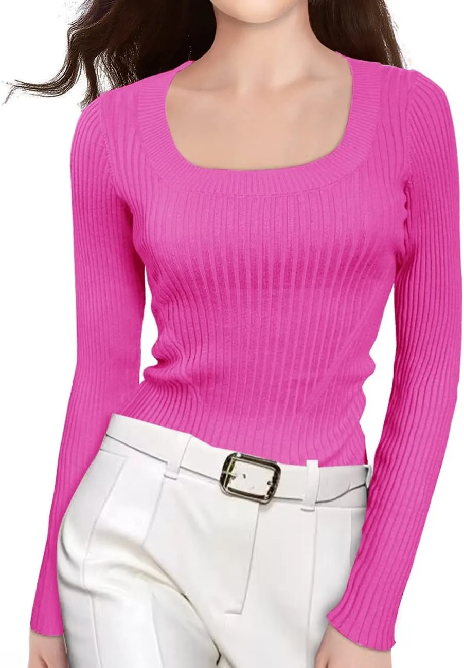 v28 Women Scoop Neck U-Neck Knit Long Sleeve Slim Fit Ribbed Sweater Tops