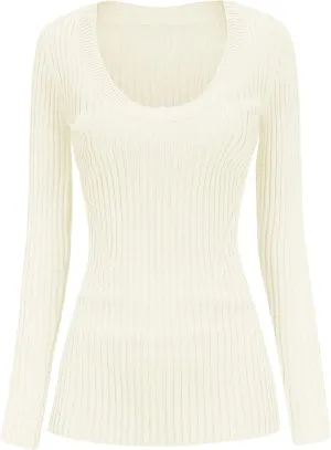 v28 Women Scoop Neck U-Neck Knit Long Sleeve Slim Fit Ribbed Sweater Tops
