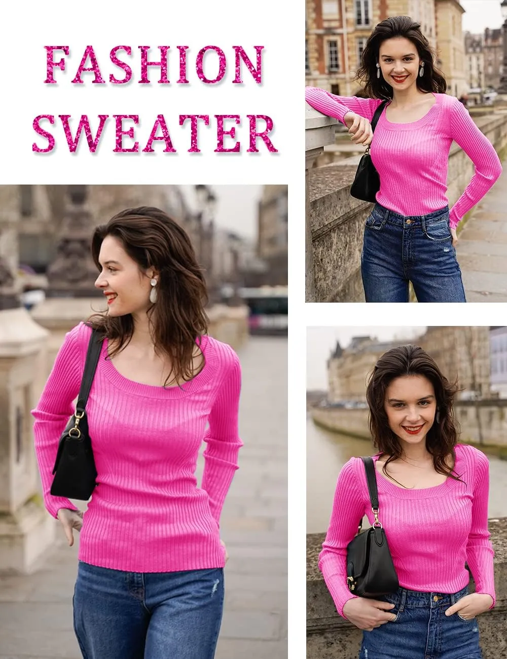 v28 Women Scoop Neck U-Neck Knit Long Sleeve Slim Fit Ribbed Sweater Tops