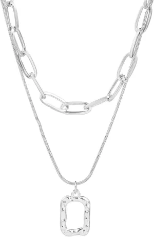 Vintage Double Layer Hollow Square Necklace Geometric Stacked Chain Dazzling Women's Gold Layered Pendant Necklace Metal Stacked Clavicle Chain Necklace Jewelry for Girls Gifts