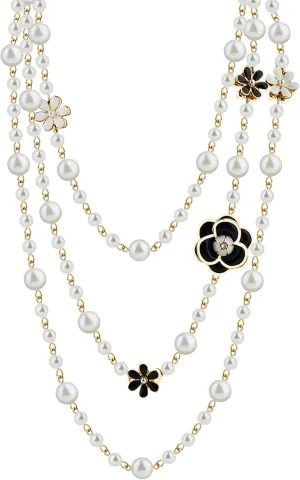 Vintage Inspired Imitation Pearl Long Strand Black and White Camellia Flower Costume Layered Necklace, Statement Multiple Strands Pendant for Women, Jewelry Gift