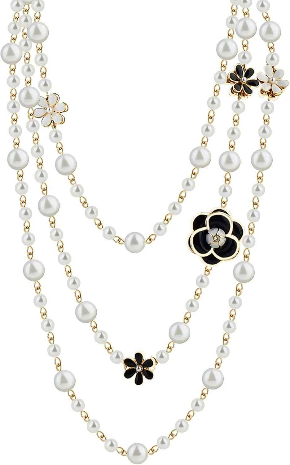 Vintage Inspired Imitation Pearl Long Strand Black and White Camellia Flower Costume Layered Necklace, Statement Multiple Strands Pendant for Women, Jewelry Gift