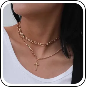 Vintage Layered Cross Necklace Choker Gold Cross Pendant Necklace Figaro Chain Necklace Layering Chunky Chain Choker Necklace Religious Jewelry for Women