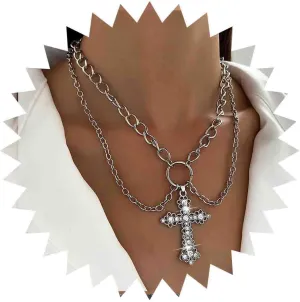 Vintage Layered Crystal Cross Necklace Punk Cz Cross Pendant Necklace Silver Circle Choker Necklace Chunky Cuban Chain Necklace Jewelry for Women