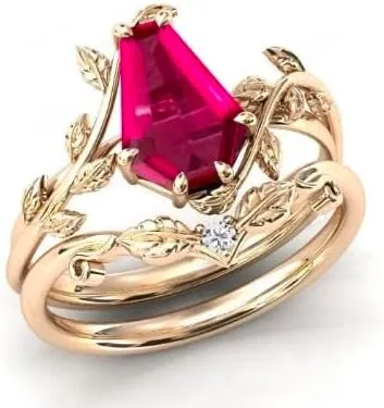 Vintage Red Ruby Engagement Ring Set Anniversary Ring Set For Women Coffin Shaped Art Deco Leaf Style Wedding Ring Set