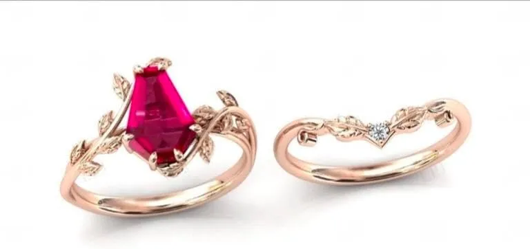 Vintage Red Ruby Engagement Ring Set Anniversary Ring Set For Women Coffin Shaped Art Deco Leaf Style Wedding Ring Set