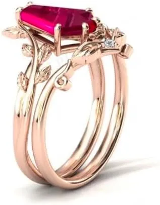 Vintage Red Ruby Engagement Ring Set Anniversary Ring Set For Women Coffin Shaped Art Deco Leaf Style Wedding Ring Set