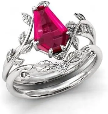 Vintage Red Ruby Engagement Ring Set Anniversary Ring Set For Women Coffin Shaped Art Deco Leaf Style Wedding Ring Set