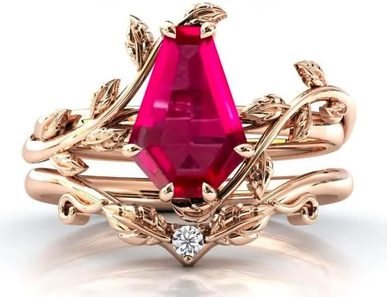 Vintage Red Ruby Engagement Ring Set Anniversary Ring Set For Women Coffin Shaped Art Deco Leaf Style Wedding Ring Set